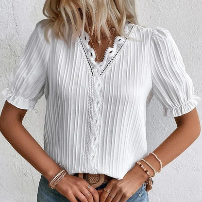 Chic V-Neck Lace Blouse with Puffy Sleeves