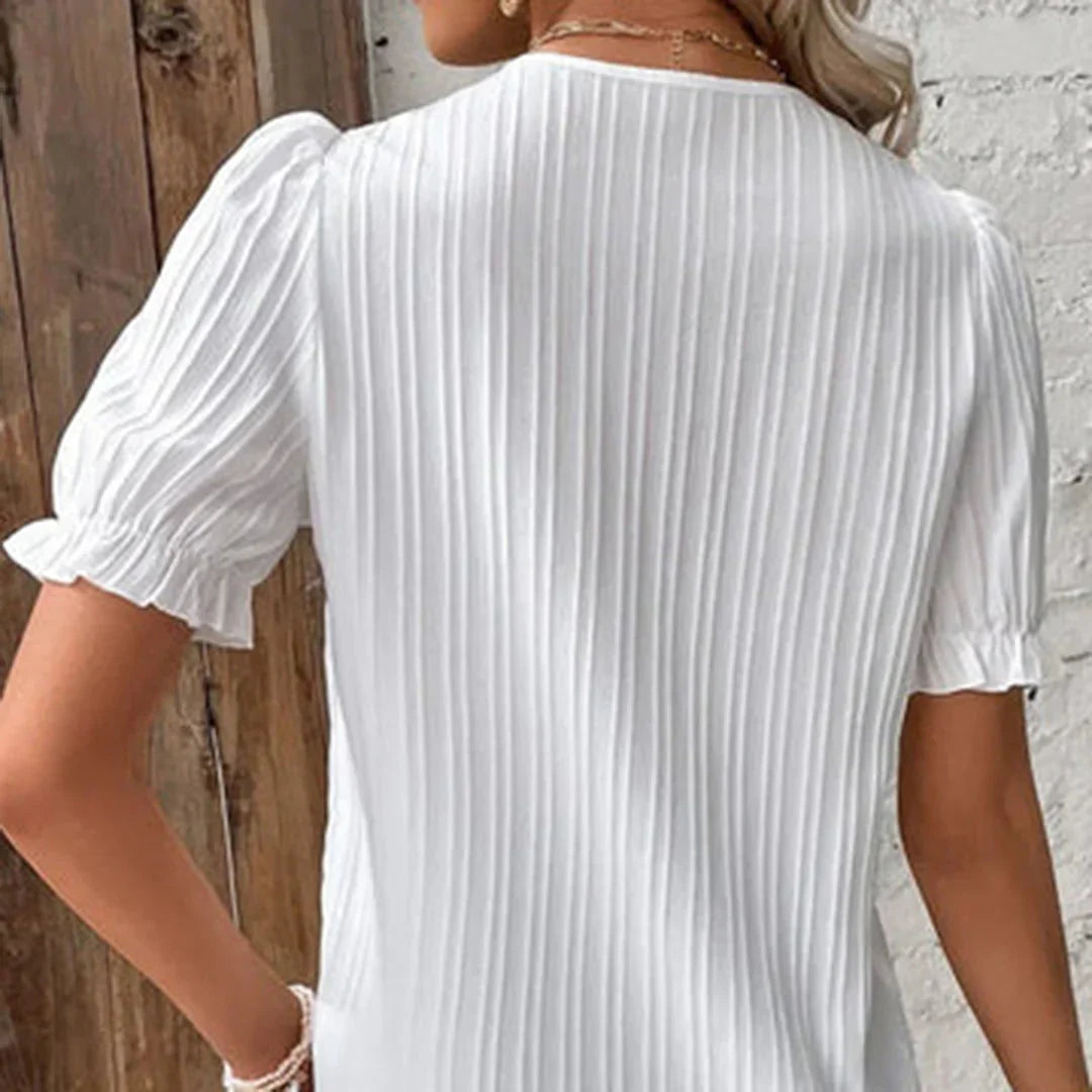 Chic V-Neck Lace Blouse with Puffy Sleeves