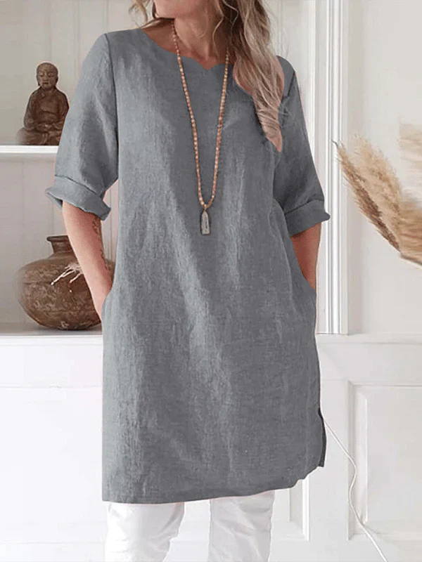Casual Linen Tunic Dress with 3/4 Sleeves - OutfitLondon