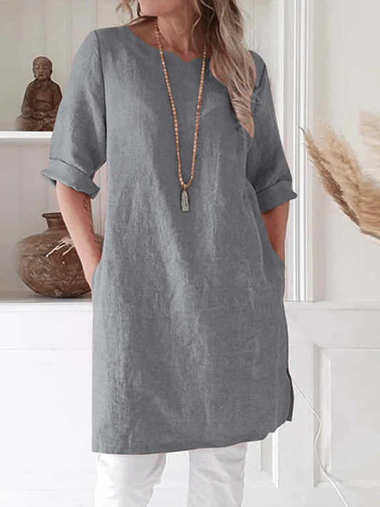 Casual Linen Tunic Dress with 3/4 Sleeves - OutfitLondon