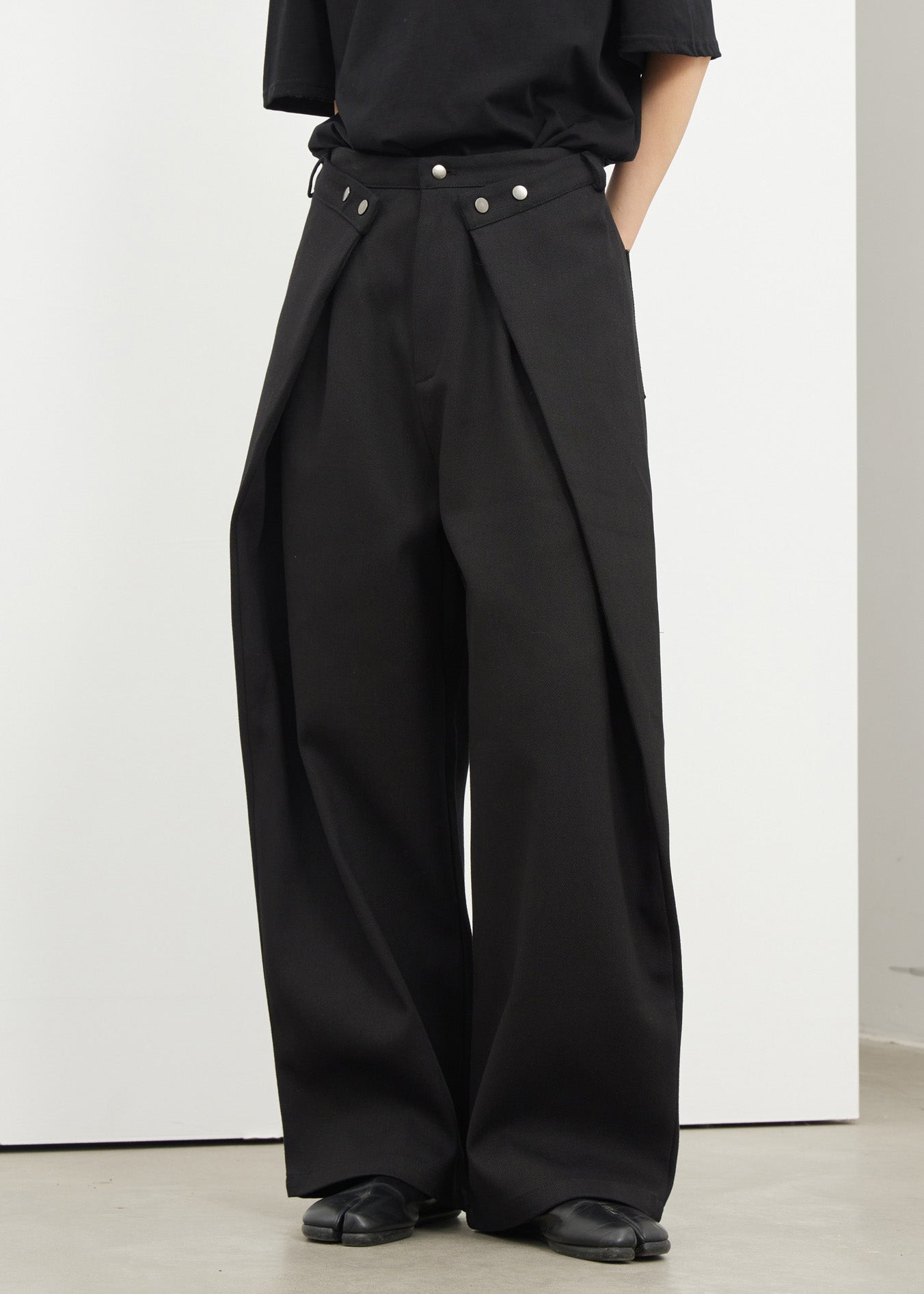 Women's Wide Leg Cotton Pants Black Pockets - OutfitLondon
