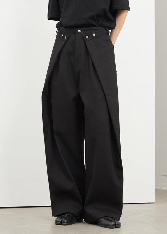 Women's Wide Leg Cotton Pants Black Pockets - OutfitLondon