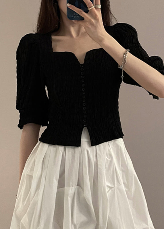 Women's Cotton Blend Blouse Loose Fit Black - OutfitLondon