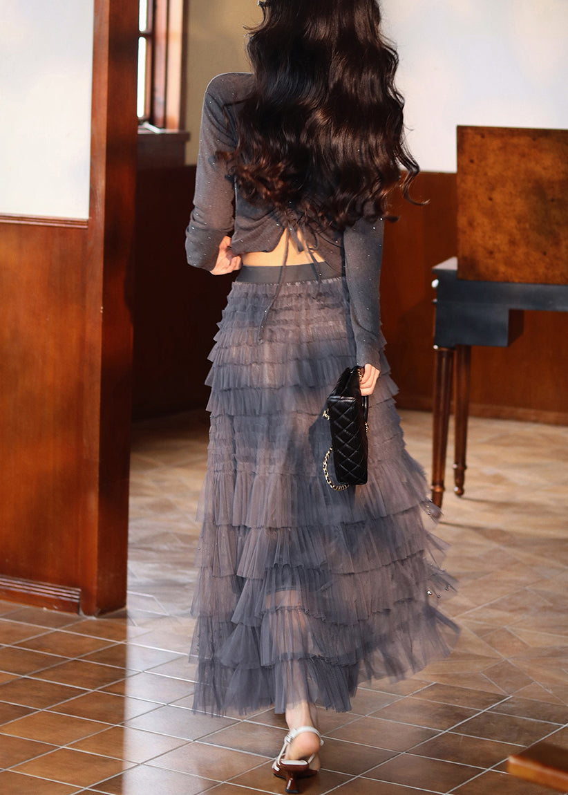Women's Gray Two Piece Set Tulle Skirt - OutfitLondon