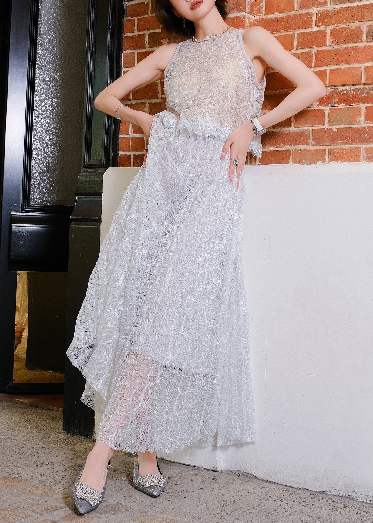 Women's Lace Sequin Two Piece Set Gray - OutfitLondon
