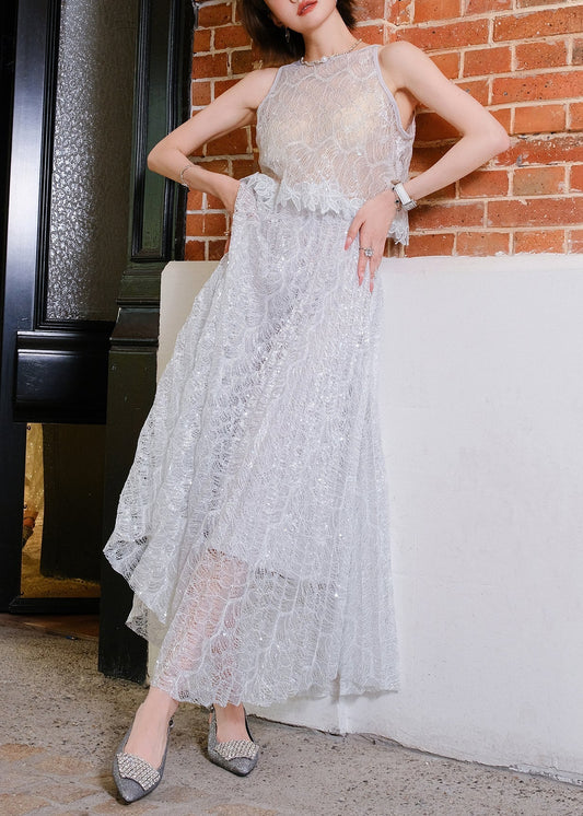 Women's Lace Sequin Two Piece Set Gray - OutfitLondon