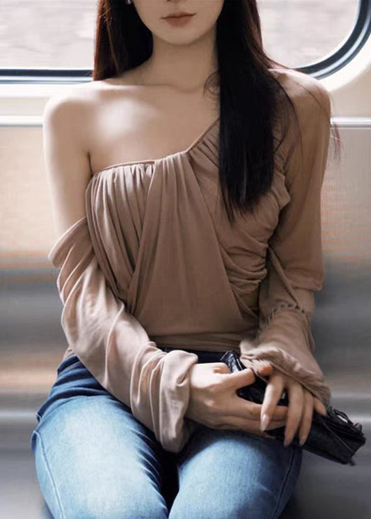 Women's Asymmetrical Tulle Lantern Sleeves Khaki - OutfitLondon