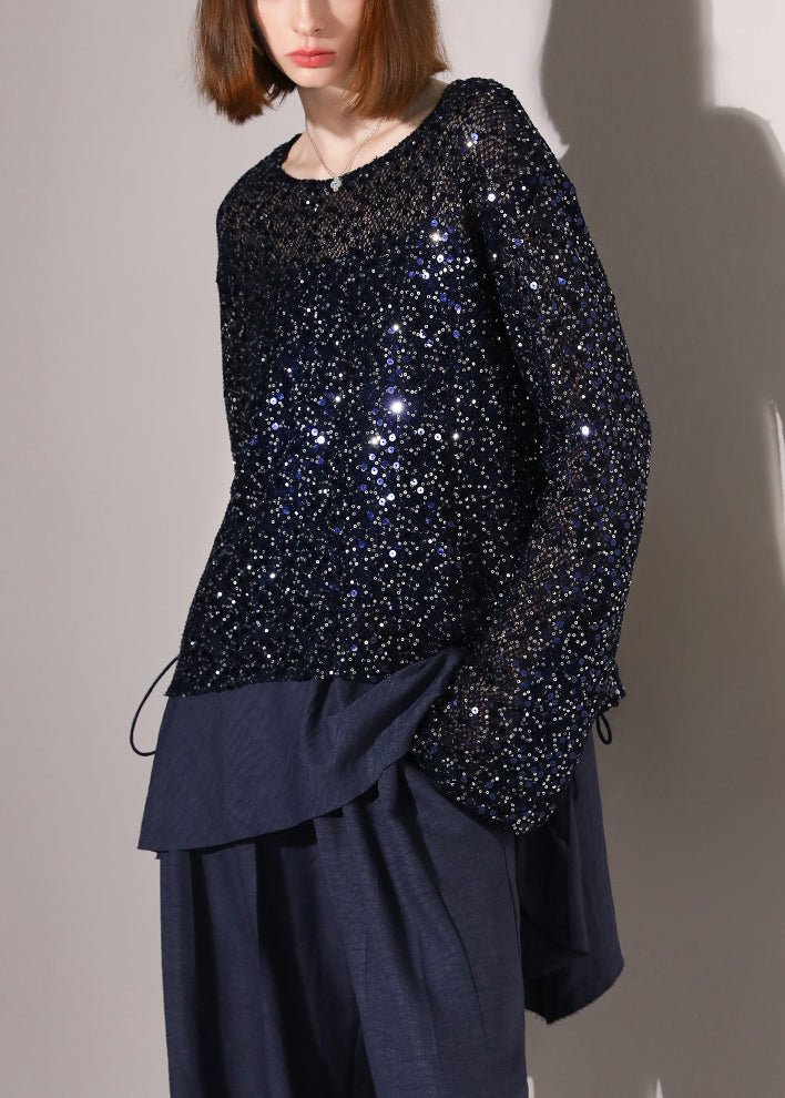 Women's Navy Sequin Knit Lace Up - OutfitLondon