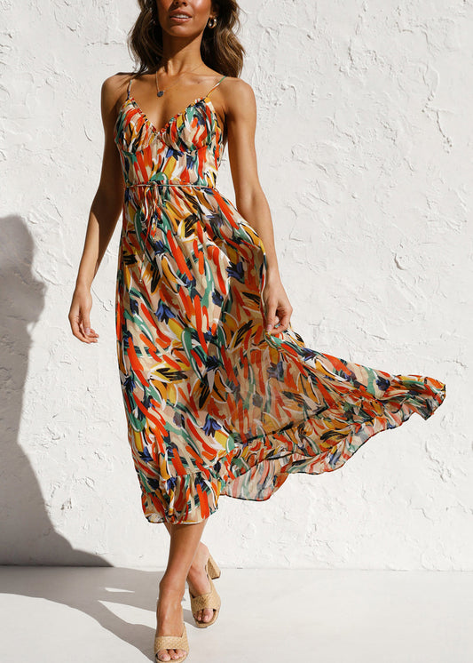 Women's Orange Cotton Ruffle Summer Dress Sleeveless - OutfitLondon