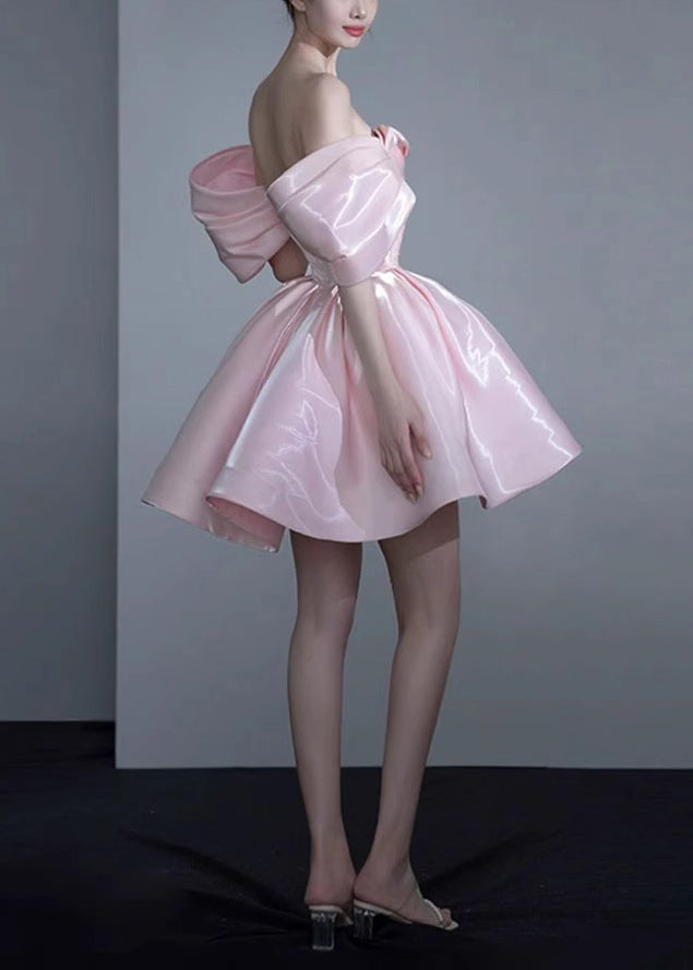 Women's Off-Shoulder Princess Dress Silk Blend Rose Pink - OutfitLondon