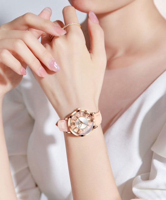 Women's Leather Quartz Watch Zircon Accent - OutfitLondon