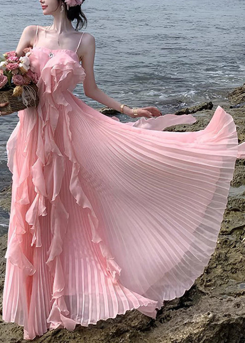 Women's Pink Chiffon Ruffle Dress Spaghetti Straps Lightweight - OutfitLondon