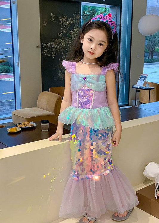 Girls Purple Mermaid Dress Sparkling Tulle Short Sleeves - OutfitLondon