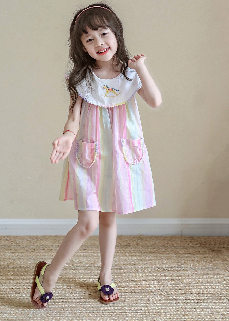 Girls Rainbow Striped Midi Dress Cotton Blend Soft Breathable - OutfitLondon