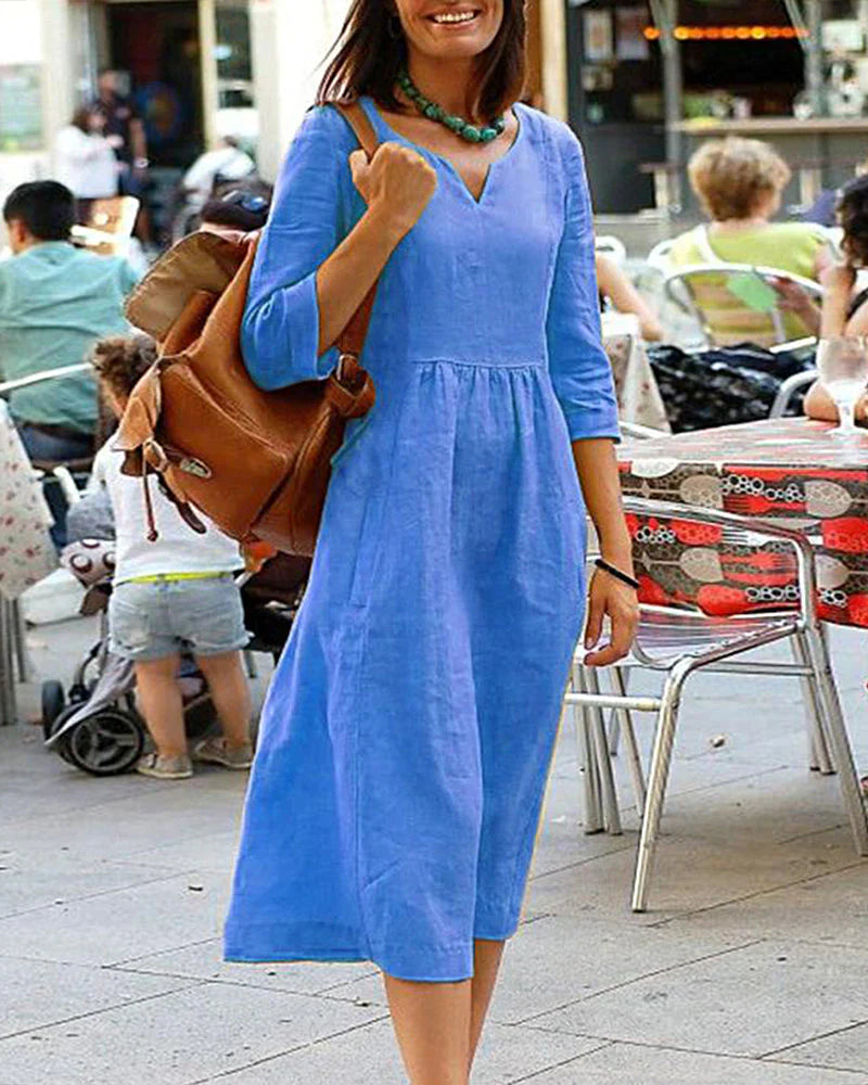 Nyra Dress | Three-Quarter Sleeve Linen Blend V-Neck Midi Dress