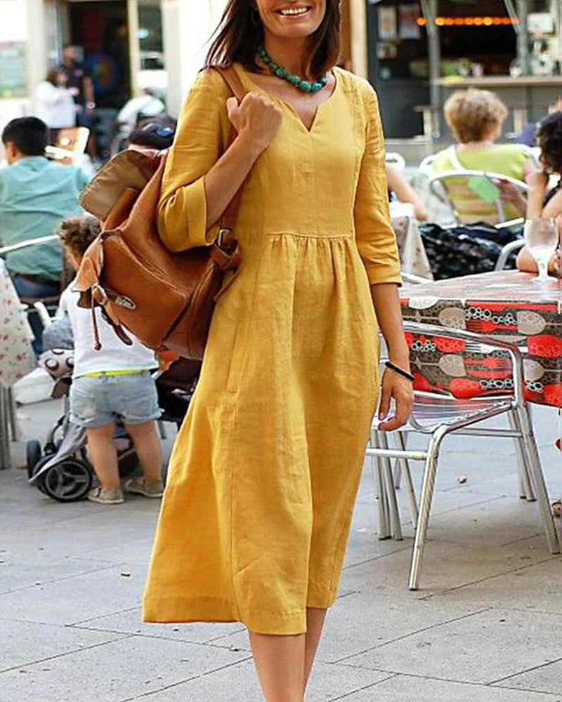 Nyra Dress | Three-Quarter Sleeve Linen Blend V-Neck Midi Dress
