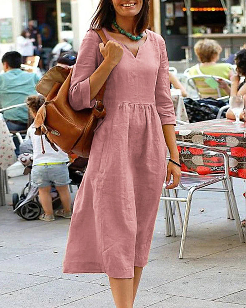 Casual Linen V Neck Midi Summer Dress - OutfitLondon