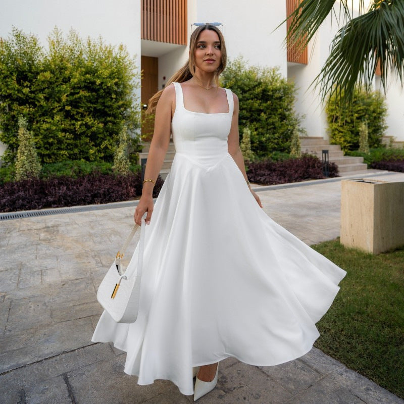 Chic V Neck Halter Long Dress - Fitted Open Back Design - OutfitLondon