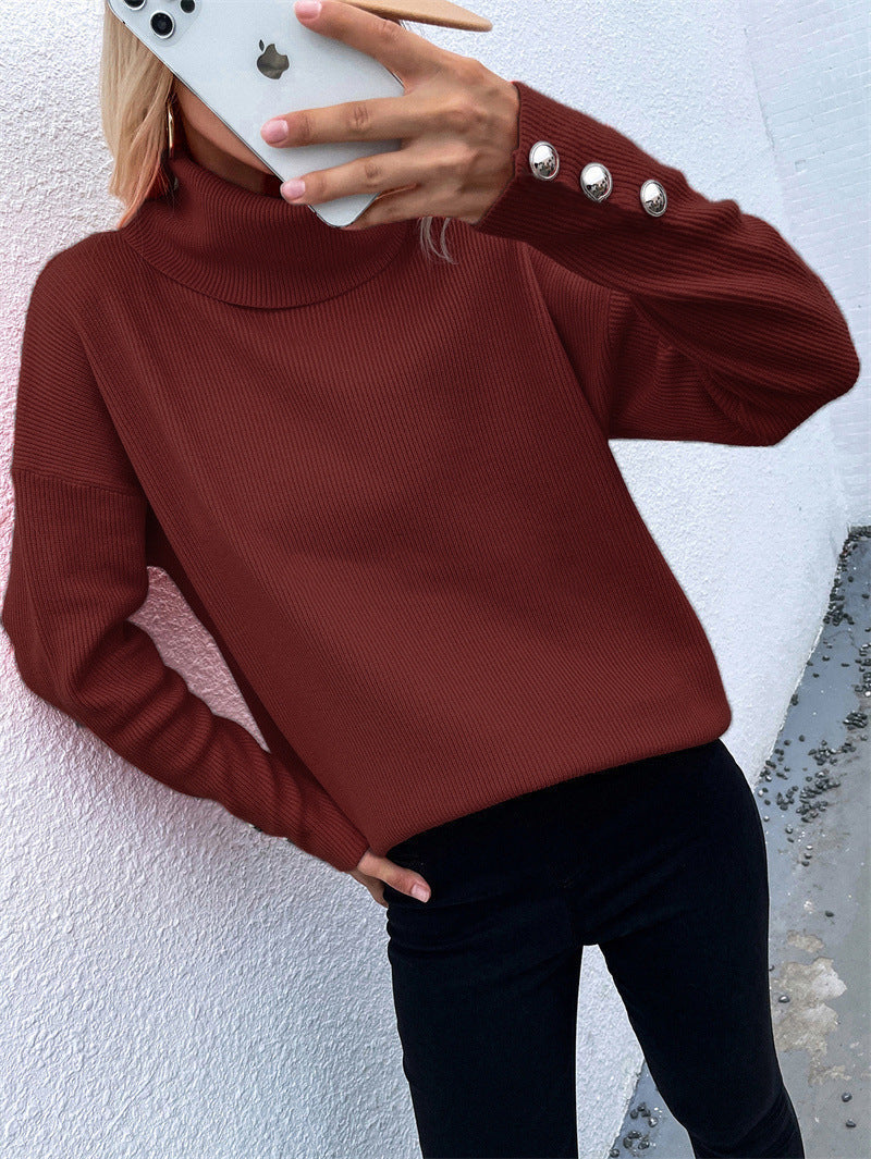 Warm Cozy Turtleneck Winter Sweater with Button Cuffs