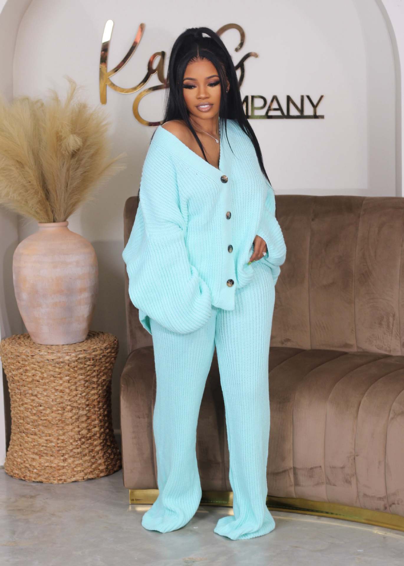 Relaxed Fit V-Neck Sweater and Pant Set