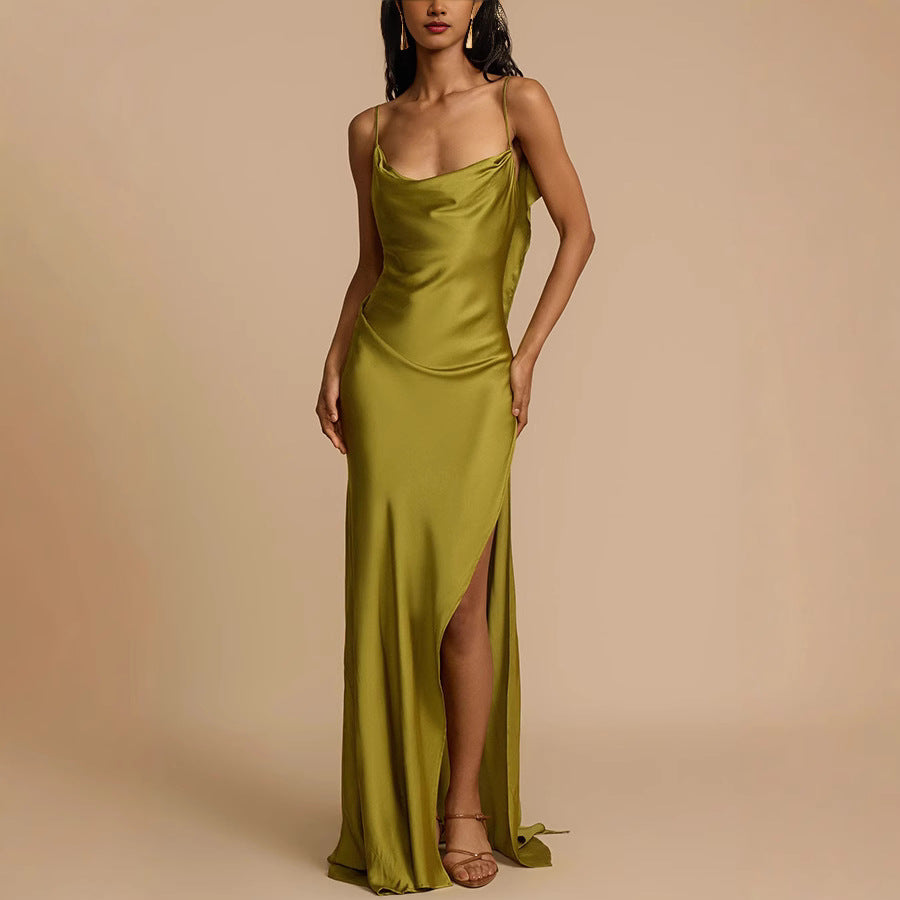 Chic Maxi Dress for Women - Flowy Long Gown with Neckline Slit - OutfitLondon
