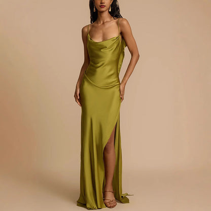 Chic Maxi Dress for Women - Flowy Long Gown with Neckline Slit - OutfitLondon