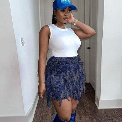 Fashionable High Waist Fringe Mini Skirt