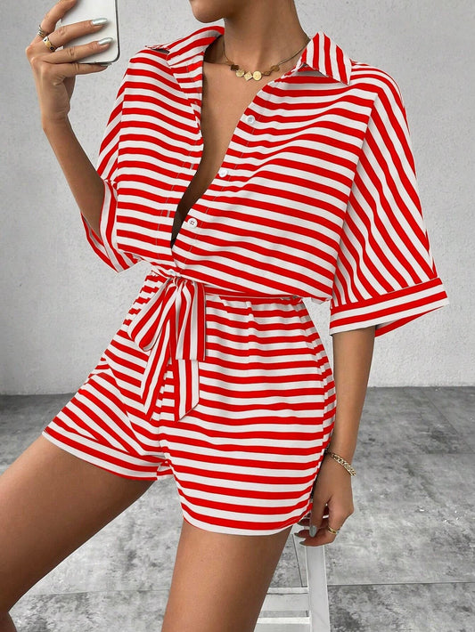 Comfortable Striped V-Neck Summer Jumpsuit - OutfitLondon