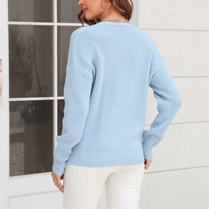 Relaxed Fit V Neck Knitted Sweater for Women