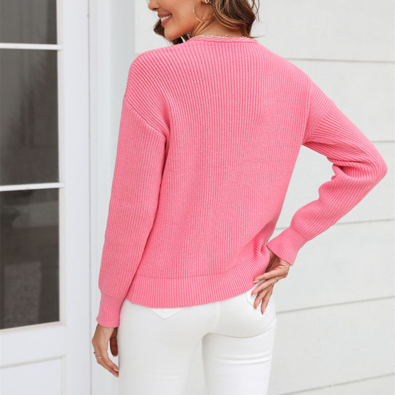Relaxed Fit V Neck Knitted Sweater for Women