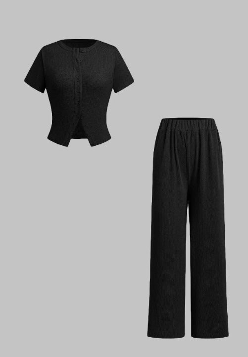 Relaxed Fit Button Front Shirt and Pants Set - OutfitLondon
