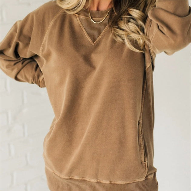 Cozy Women's Pocket Crew Neck Sweater