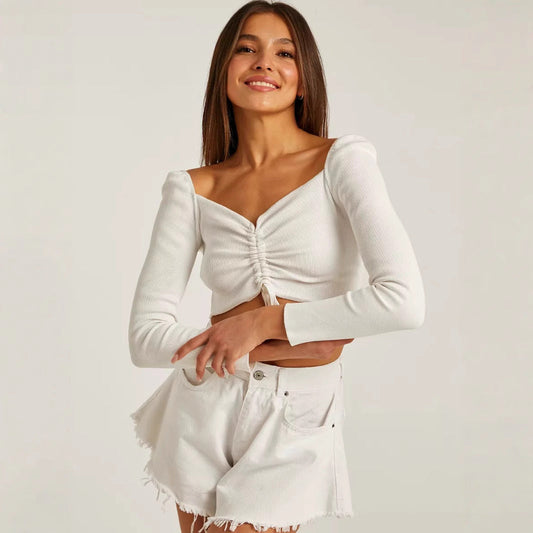 Ladies' Classic Ruffled Front Long Sleeve Top - OutfitLondon