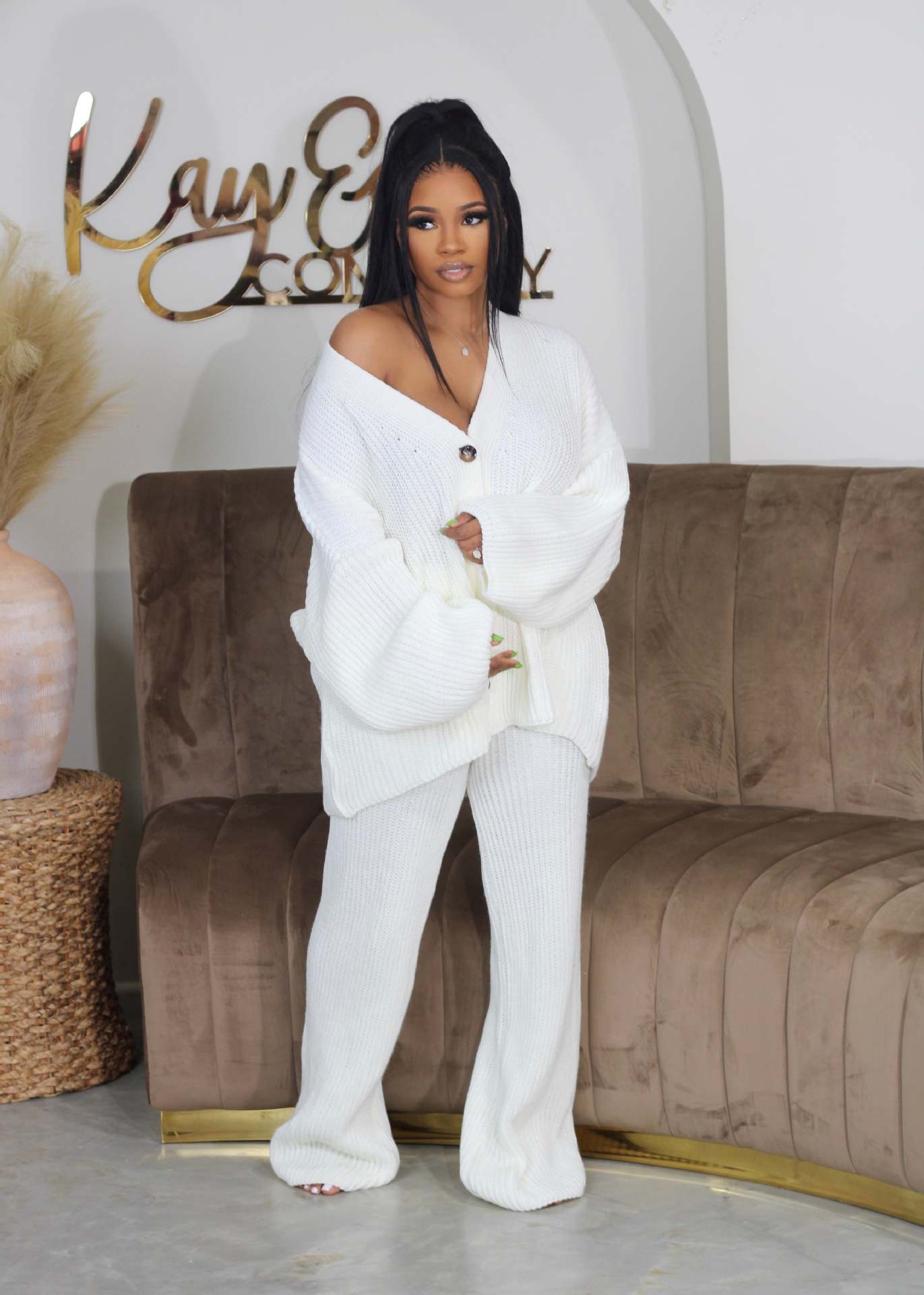 Relaxed Fit V-Neck Sweater and Pant Set