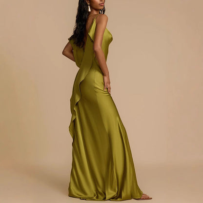 Chic Maxi Dress for Women - Flowy Long Gown with Neckline Slit