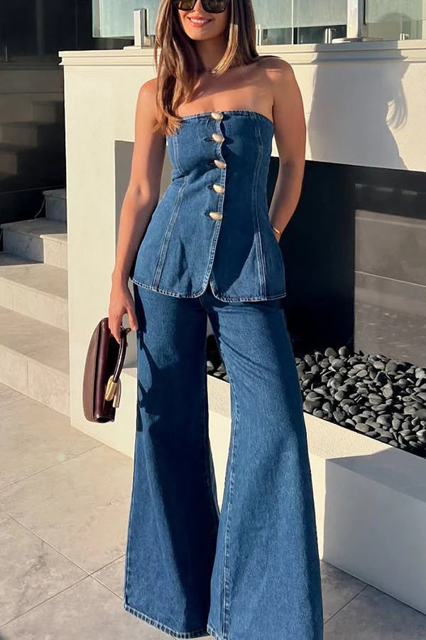 Relaxed Fit Denim Jeans: Women's Chic Off-Shoulder Top Set
