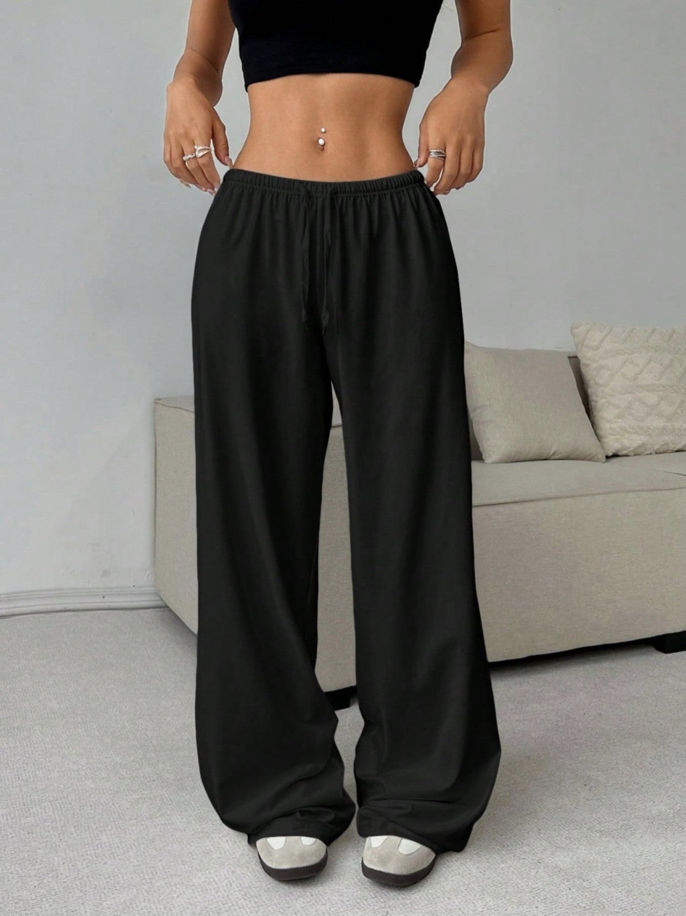 Relaxed Fit Elastic Waist Wide Leg Pants