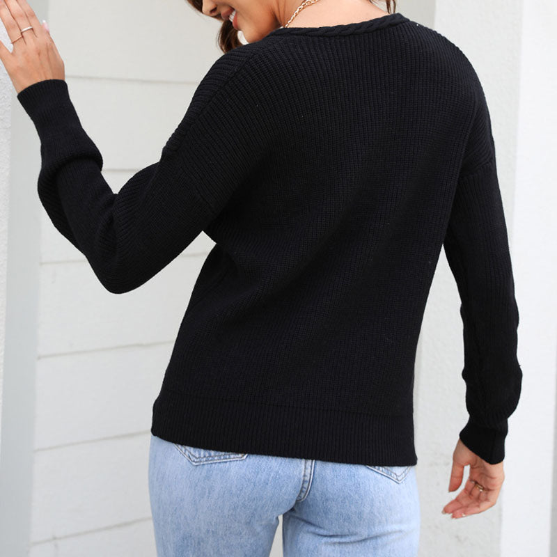 Relaxed Fit V Neck Knitted Sweater for Women