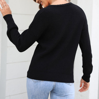 Relaxed Fit V Neck Knitted Sweater for Women