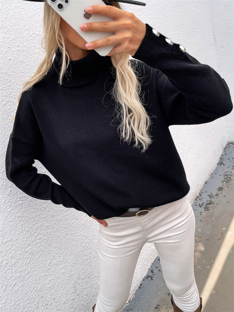 Warm Cozy Turtleneck Winter Sweater with Button Cuffs