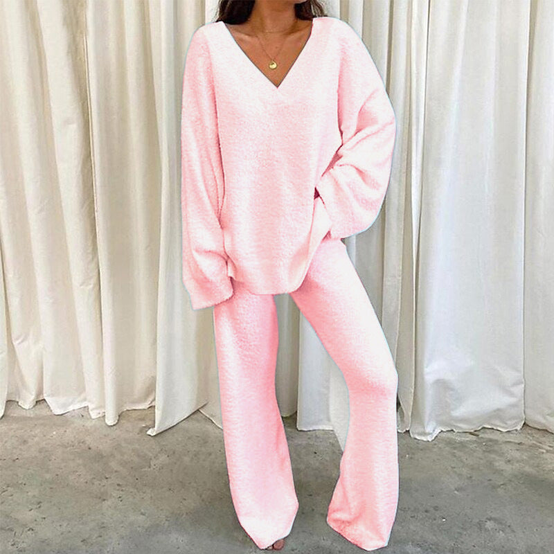 Comfy 2-Piece Loungewear Set Soft Top & Wide Leg Pants - OutfitLondon