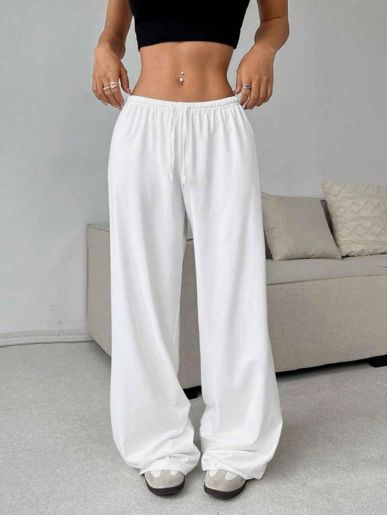 Relaxed Fit Elastic Waist Wide Leg Pants