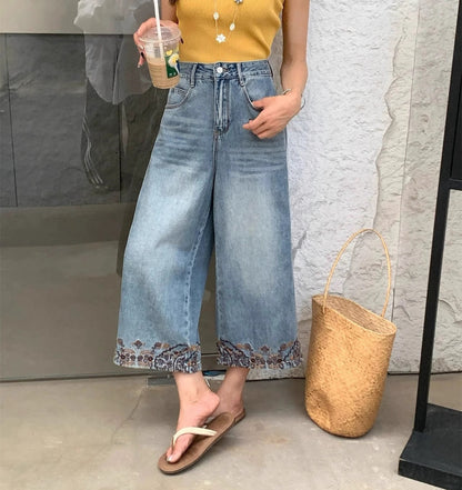 Women's Relaxed Fit Floral Blue Jeans