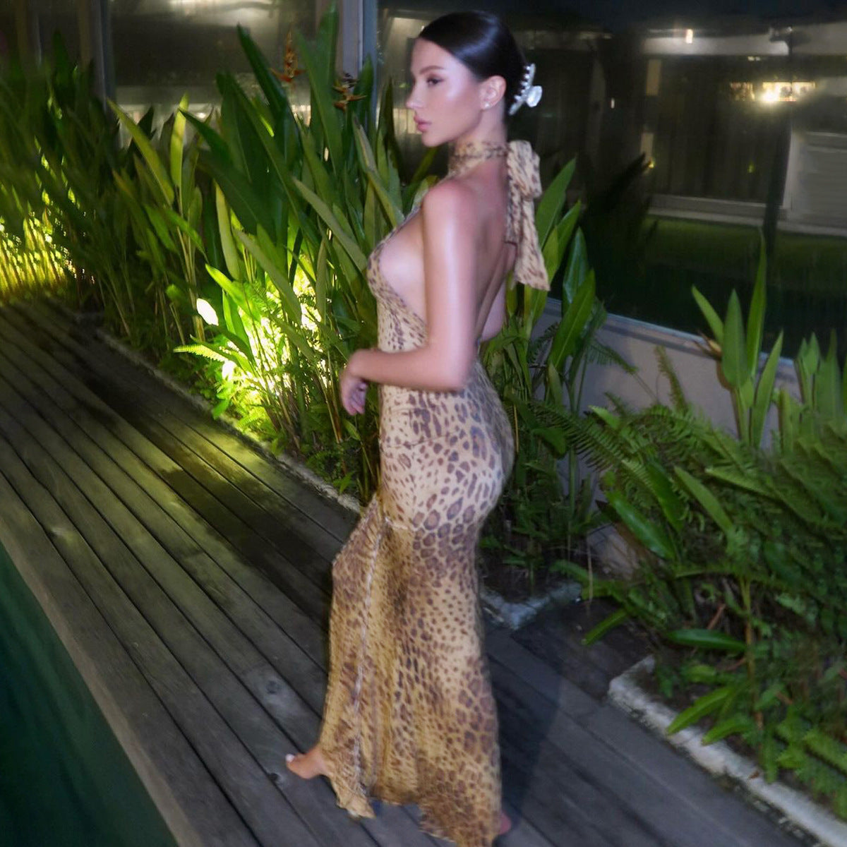 Elegant Animal Print Strapless Maxi Dress