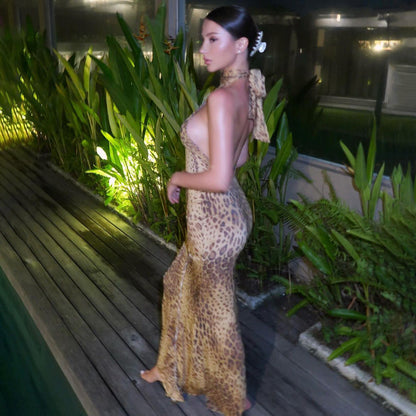 Elegant Animal Print Strapless Maxi Dress