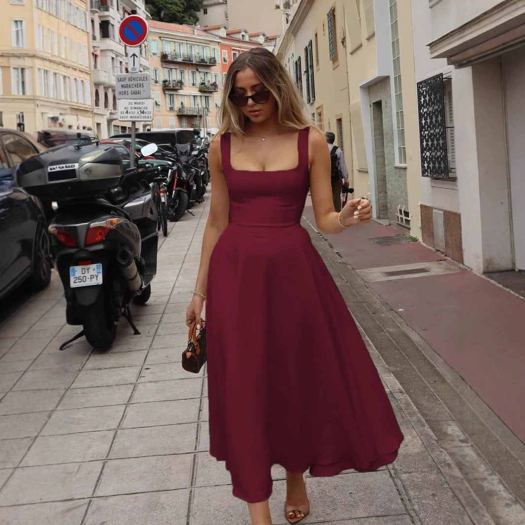Chic V Neck Halter Long Dress - Fitted Open Back Design