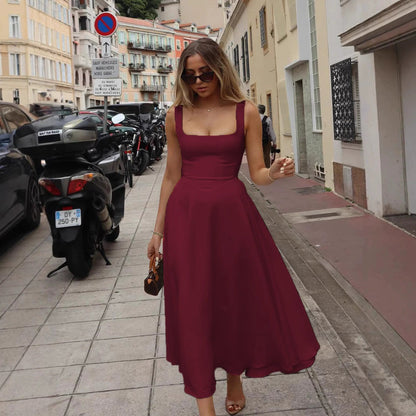 Chic V Neck Halter Long Dress - Fitted Open Back Design
