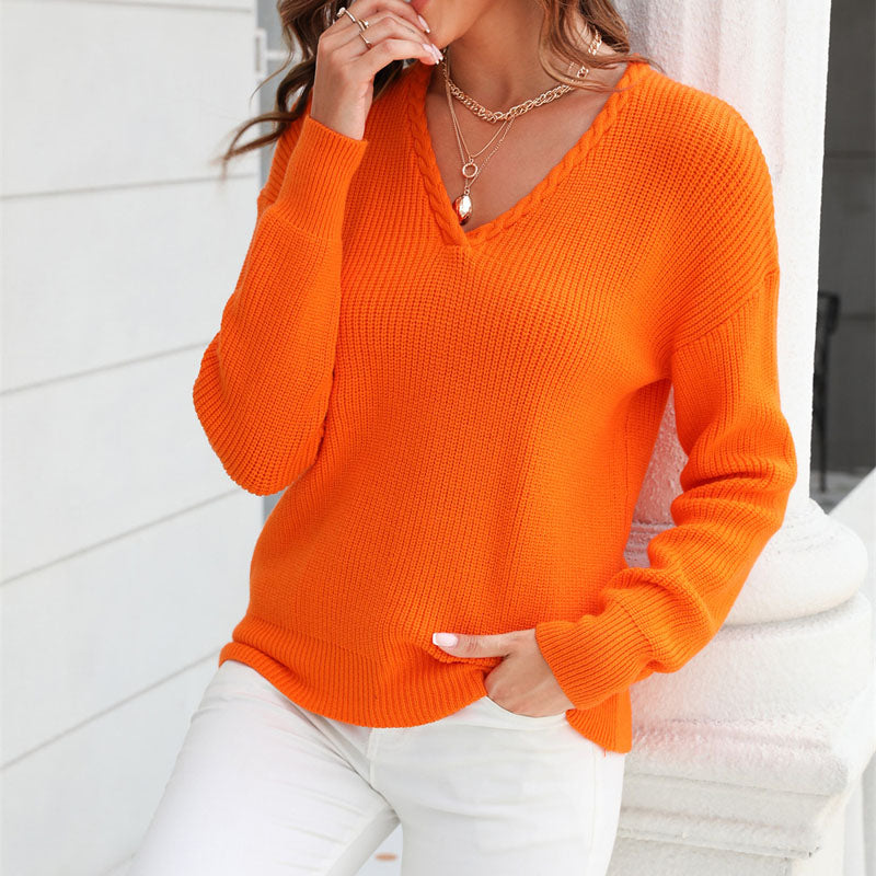 Relaxed Fit V Neck Knitted Sweater for Women