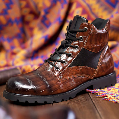 Men's Leather Boots Croc Embossed Brown