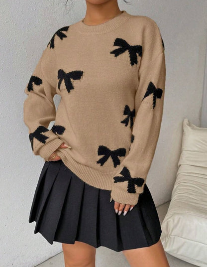 Stylish Bow Pattern Crew Neck Winter Sweater